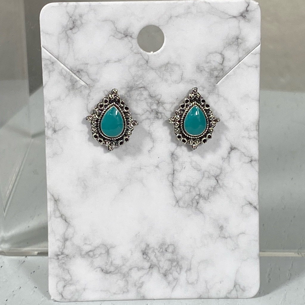 New Small Turquoise Post Earrings; Pewter Look And Vintage Style